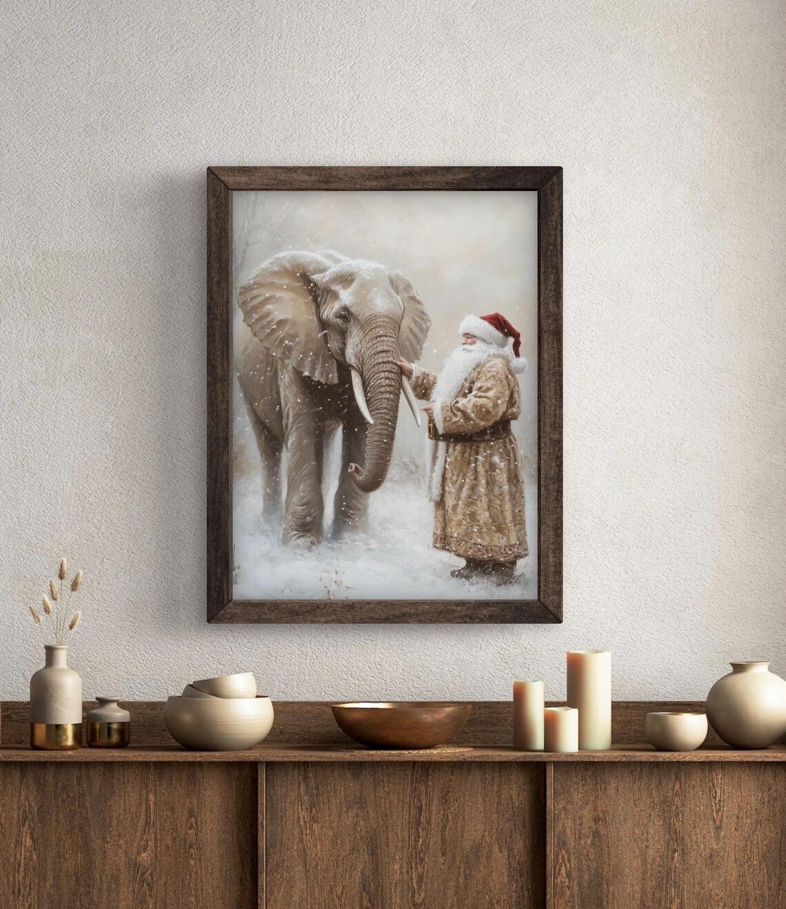 Santa and Elephant Reunion Christmas Art Print, Moody Winter - Image 5