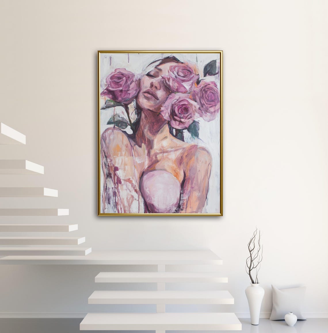 Breast Cancer Awareness Month Wall Art Print Feminine Woman Figure Midern People Art Girl With Pink Roses Art - Image 2