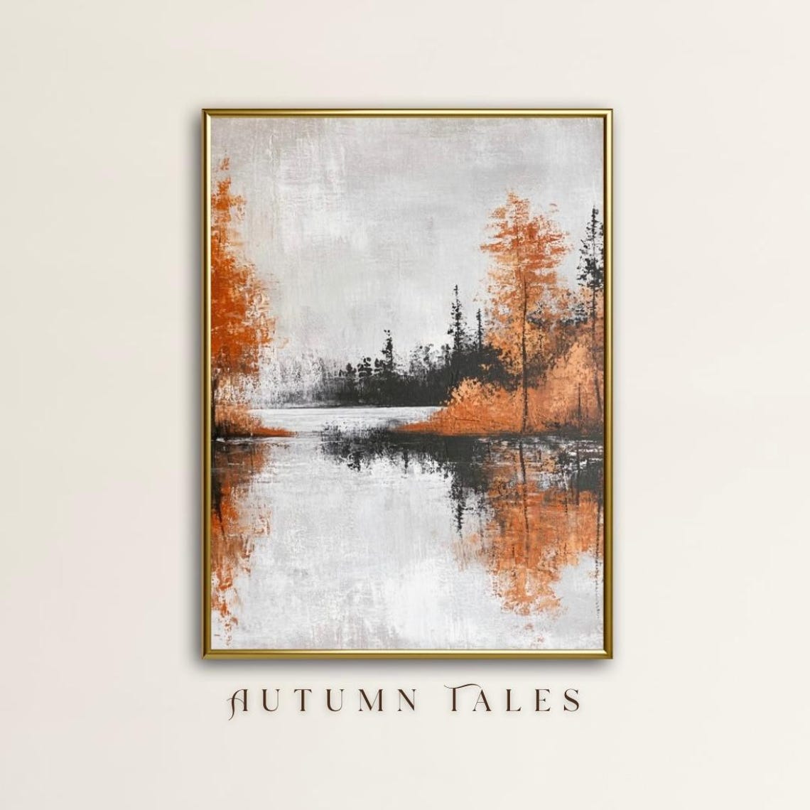 Fiery Autumn Forest Reflected In Still Lake Abstract Art Print