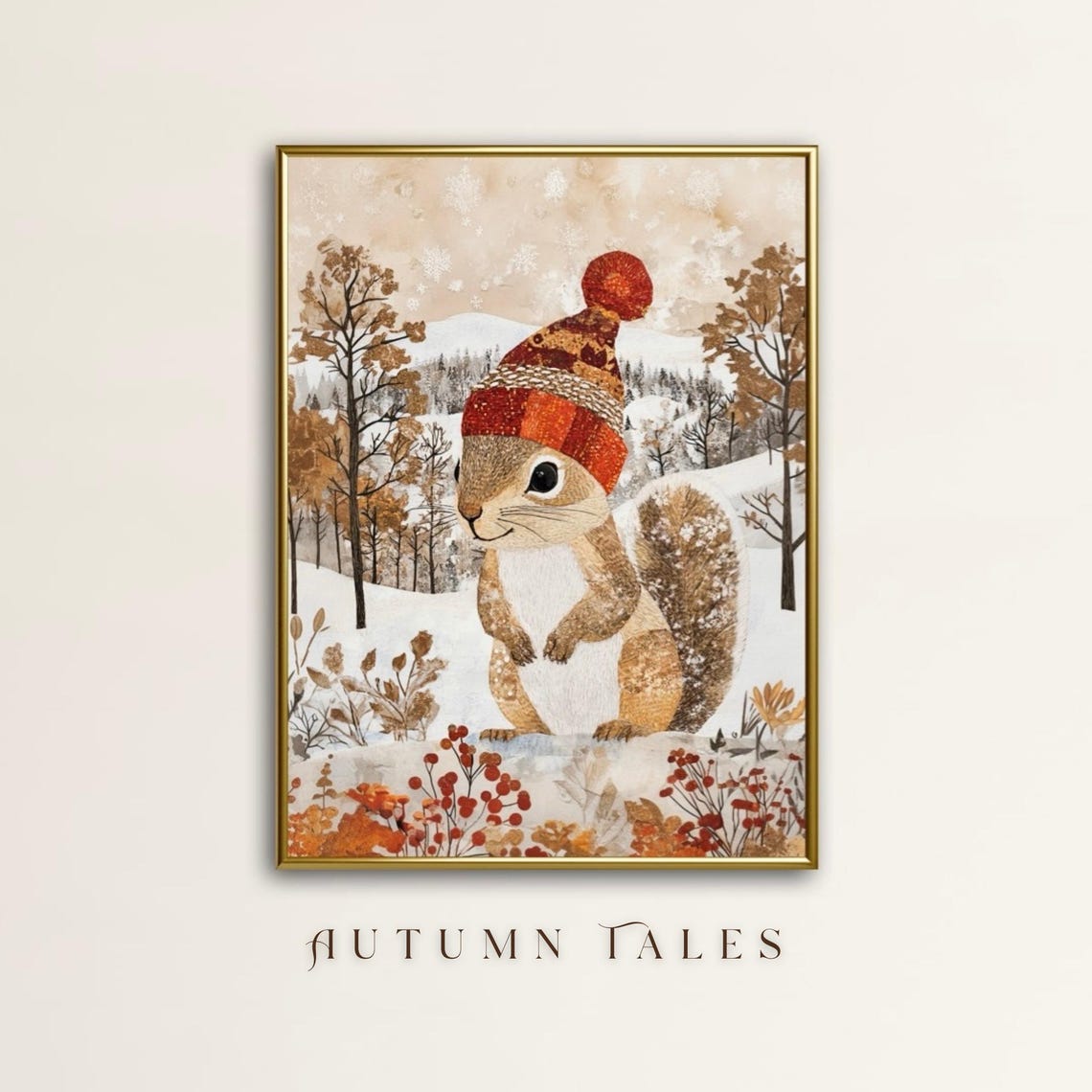 Cute Squirrel Red Beanie Hat Snowy Forest Winter Animal Poster