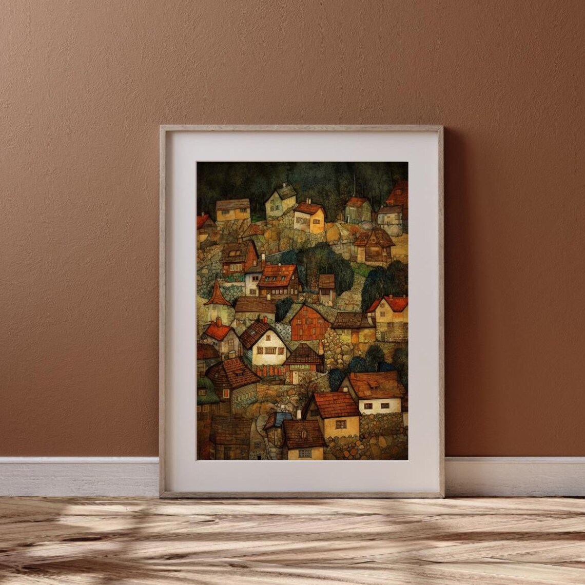 Whimsical Hillside Village Red Roof Houses Earthy Painting Poster - Image 2