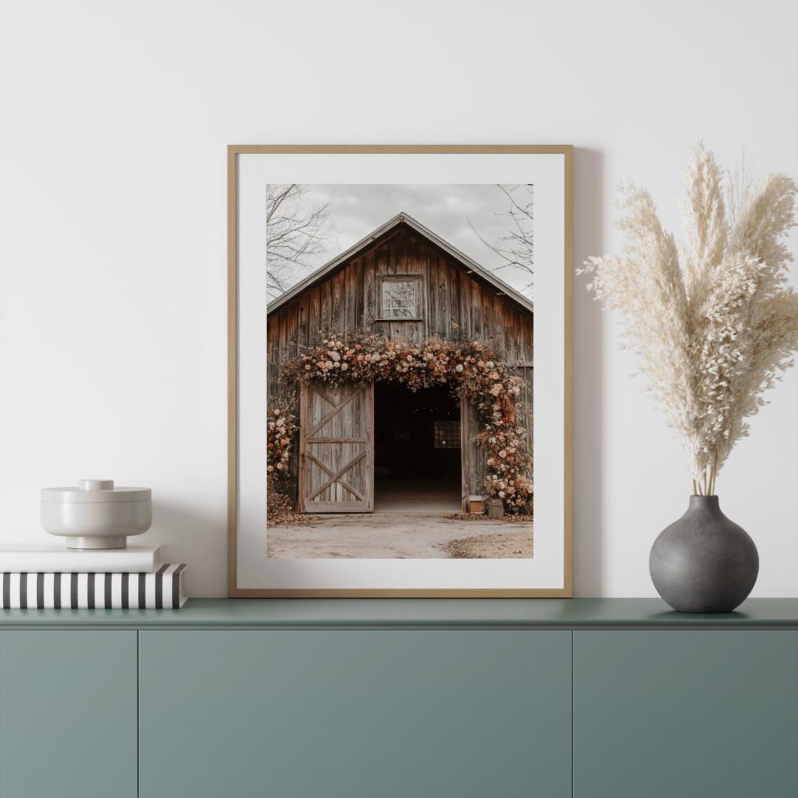 Rustic Wooden Barn with Floral Arch Over Doors Vintage Farmhouse Wall Art Poster - Image 3