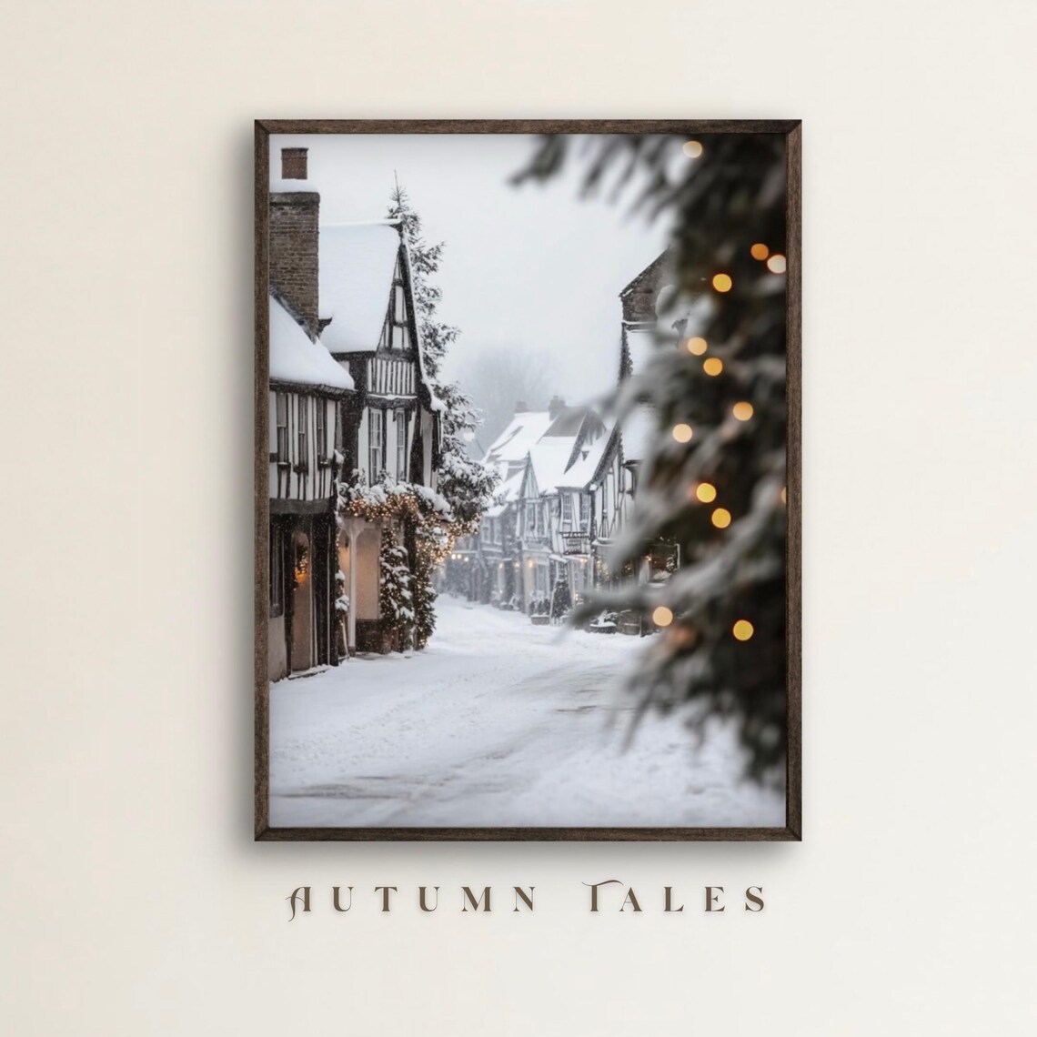 Old English Village Christmas Art Print, Winter Town