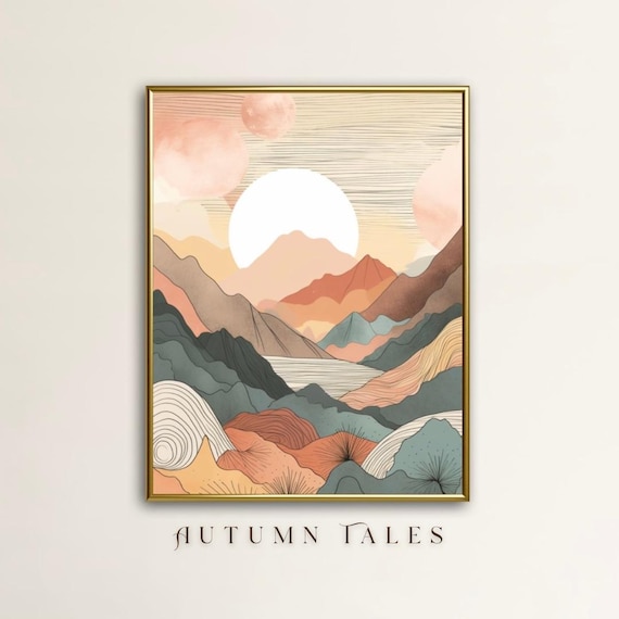Boho Sun Wall Art Print Eclectic Landscape Sun And Mountain Wall Art Contemporary Minimalist Wall Art Fall Watercolor Print