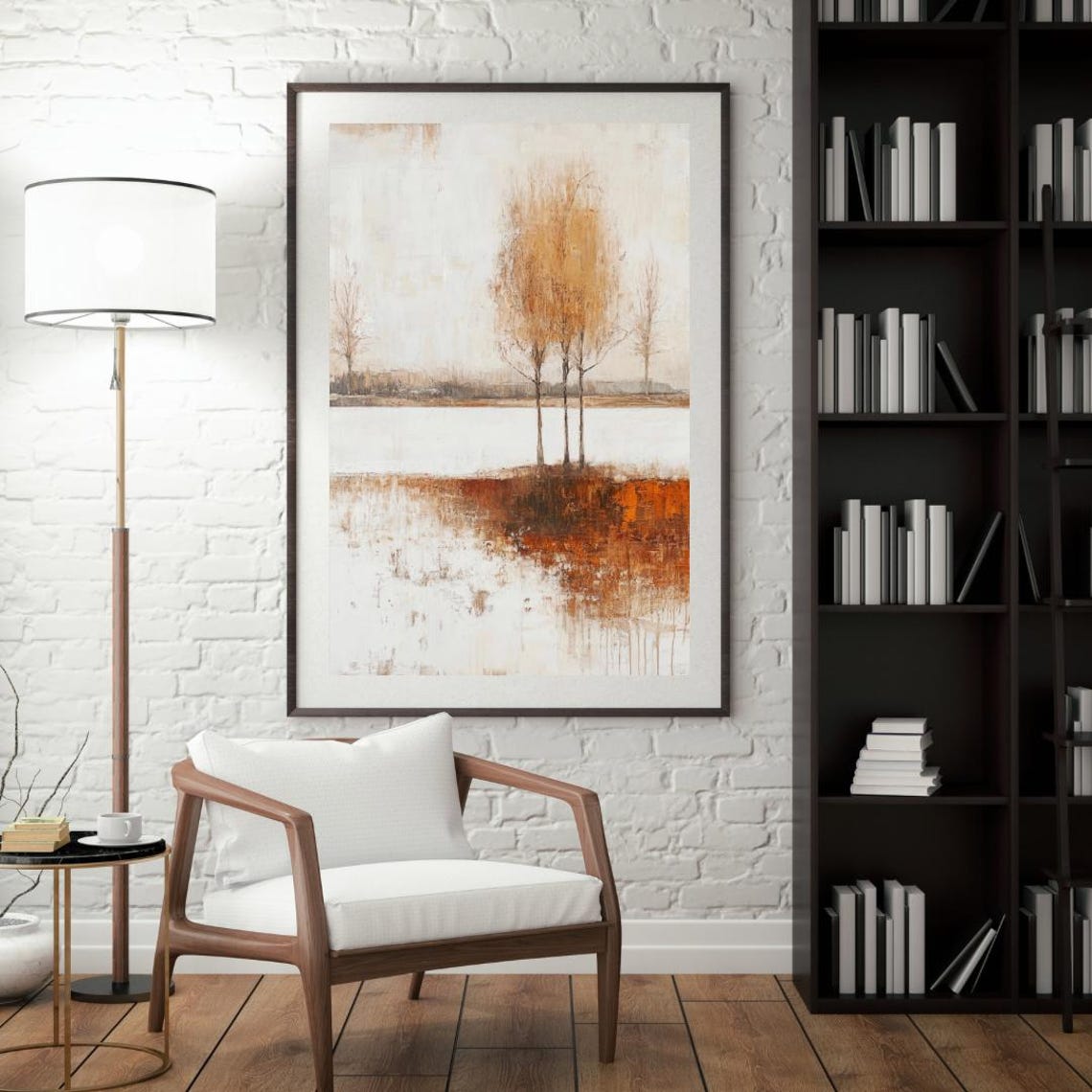Abstract Snowy Field With Golden Trees Autumn Winter Art Print - Image 3