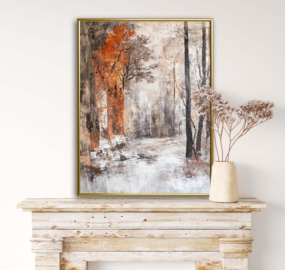 Moody Abstract Autumn Forest With Bold Orange Tree Art Print - Image 4