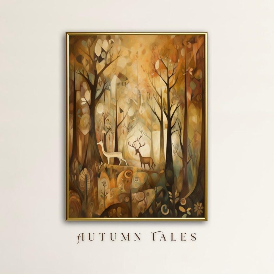 Autumn Tales Enchanted Forest Stag and Deer Golden Woodland Art Poster