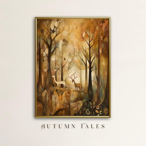 Autumn Tales Enchanted Forest Stag and Deer Golden Woodland Art Poster