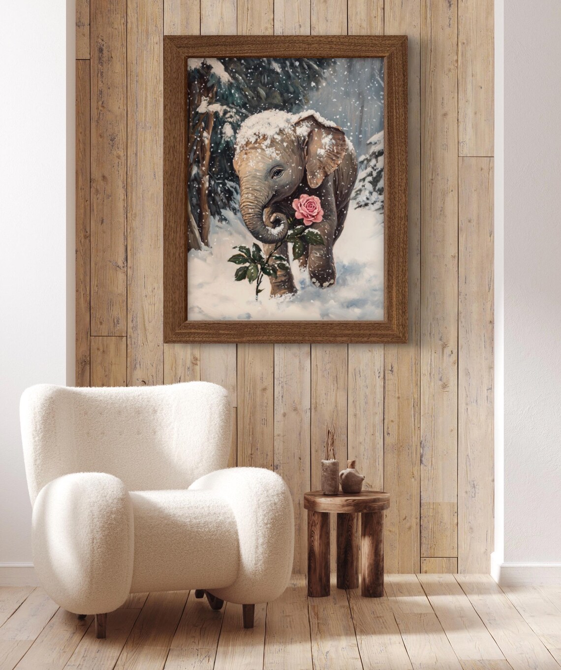 Cute Baby Elephant in Snow Holding Pink Rose Winter Animal Wall Art Poster - Image 2