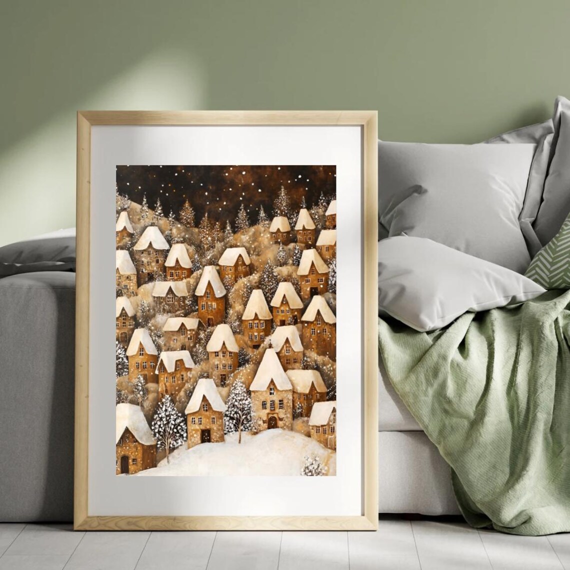 Winter Christmas Folk Art Wall Art Print Farmhouse Nursery Kids Room Home Decor Cozy Earthy Cottagecore Village Landscape Print - Image 3