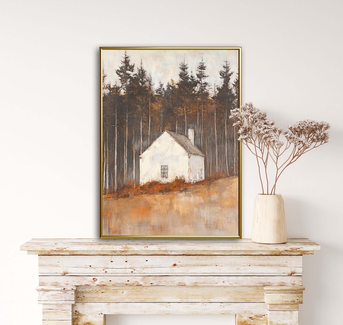 Autumn Tales White Cottage Pine Forest Moody Vintage Farmhouse Art Print - Image 3
