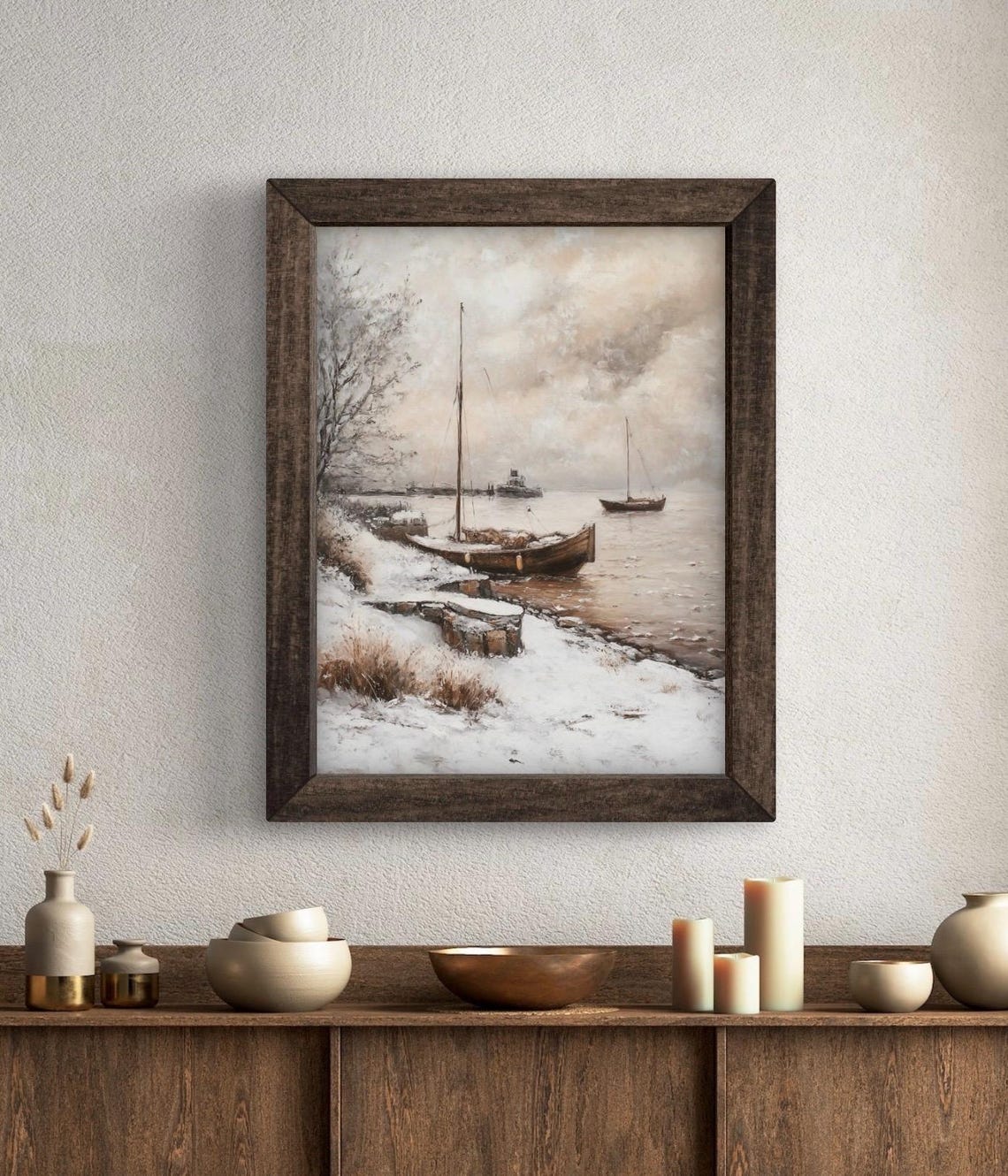 Snowy Lakeshore Sailboat Winter Moody Coastal Scene Art Poster - Image 5