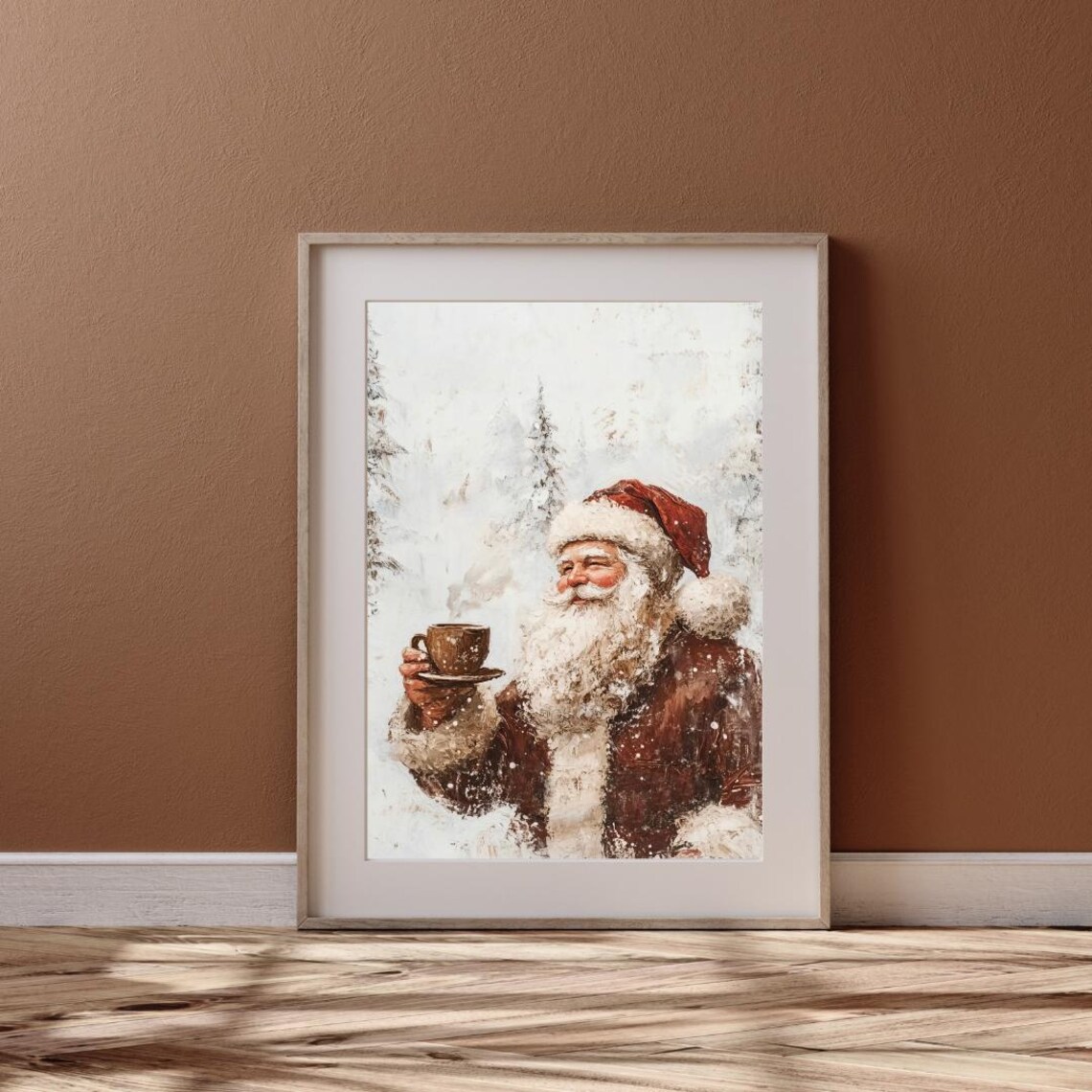 Santa Having Coffee Snow Covered Forest Wall Art Print - Image 3