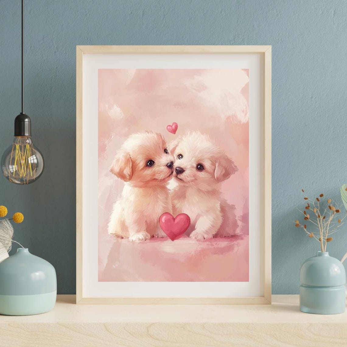 Two White Puppies Red Hearts Pink Background Puppy Love Poster - Image 5
