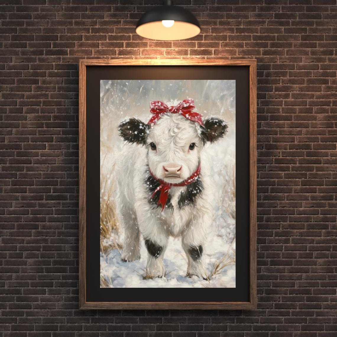 Cute Highland Calf in Snow With Red Bow Art Print - Image 3