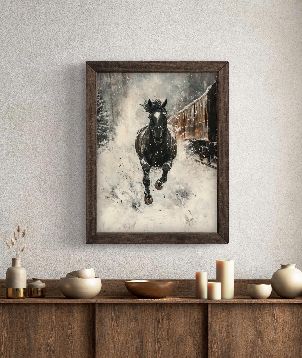 Black Horse Galloping Through Falling Snow Vintage Moody Wall Art Poster - Image 6