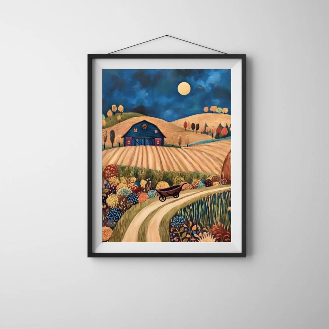 Moonlit Folk Art Night Farm With Blue Barn And Flowers Art Print - Image 4