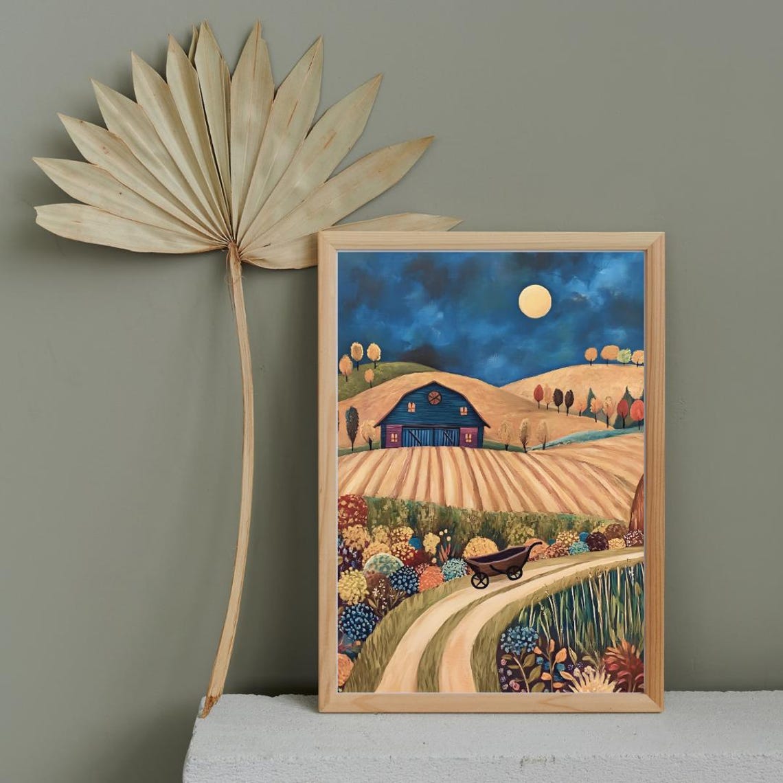Moonlit Folk Art Night Farm With Blue Barn And Flowers Art Print - Image 3