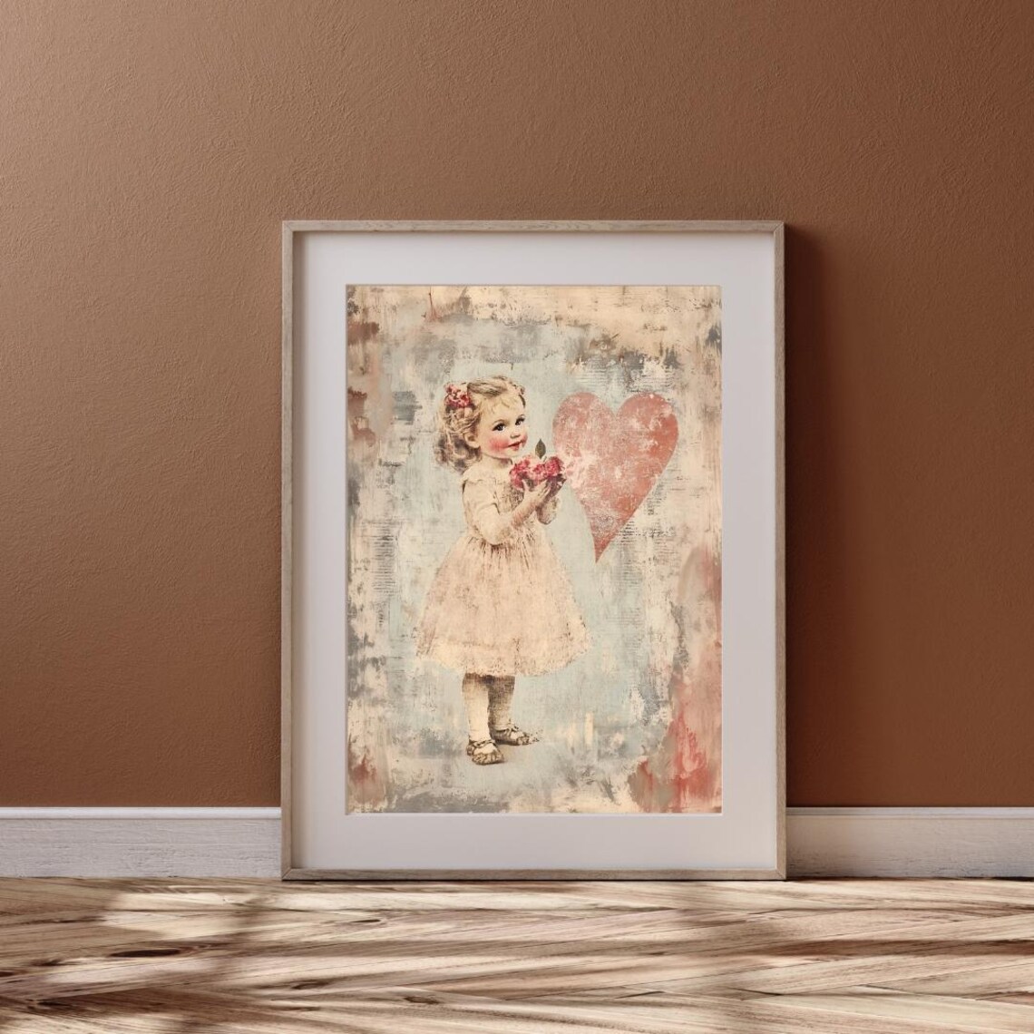 Sweet Little Girl Flowers Red Heart Vintage Valentines Day Poster - Image 4