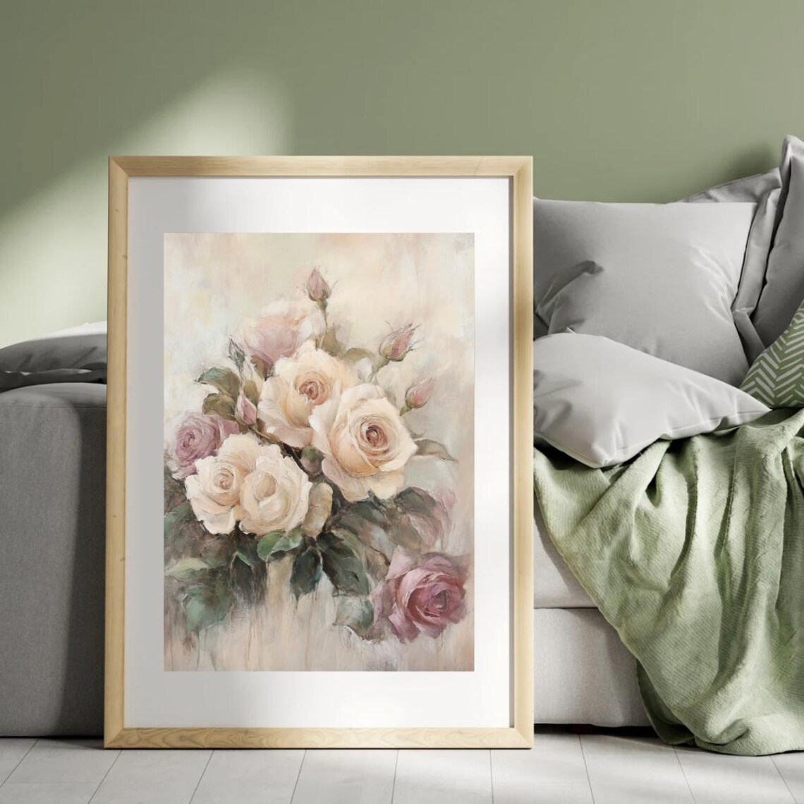 Beige and Blush Pink Roses Bouquet Vintage Botanical Floral Wall Art Print - Image 3