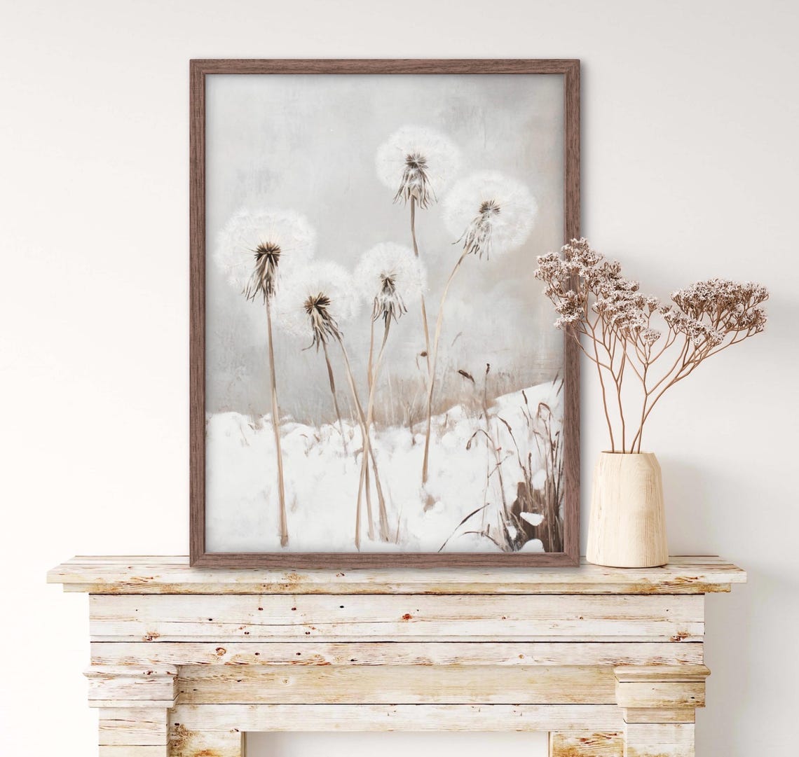 White Dandelions Snowy Winter Seed Heads Minimalist Art Poster - Image 4