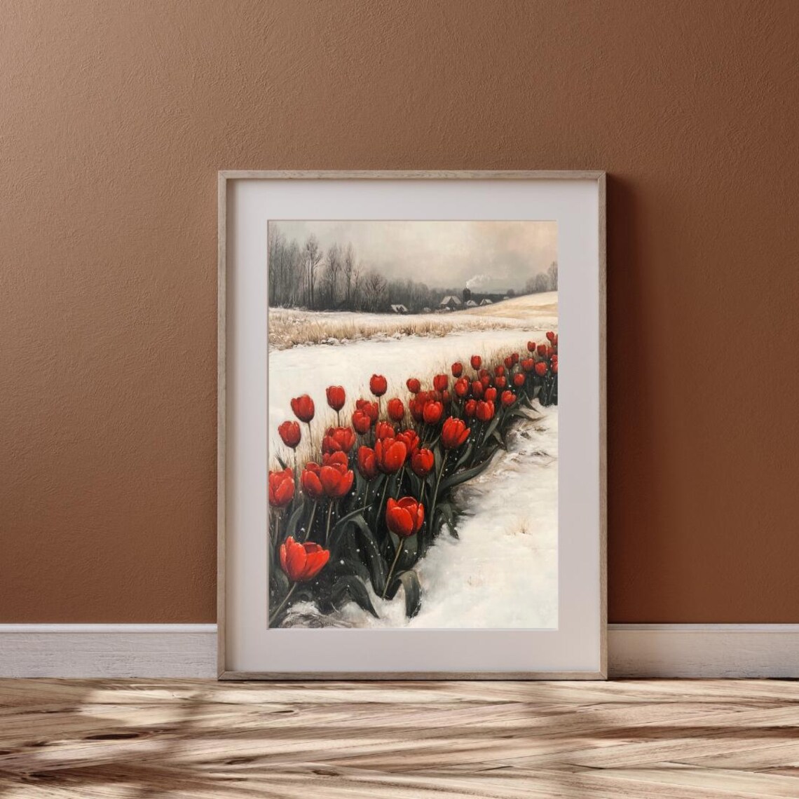 Red Tulips Blooming In Snowy Field Winter To Spring Floral Art Wall Poster - Image 6