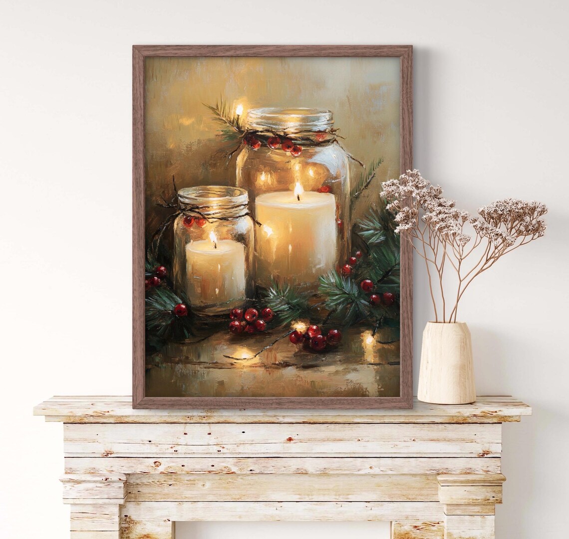 Mason Jar Candle With Holly Christmas Art Print - Image 2