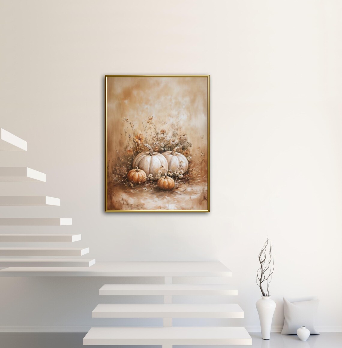 White Pumpkins Wildflower Still Life Autumn Farmhouse Neutral Tones Wall Art - Image 2
