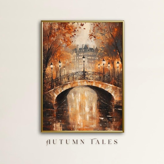 Autumn Tales Vintage Paris Night Bridge Cityscape Moody Oil Painting Print