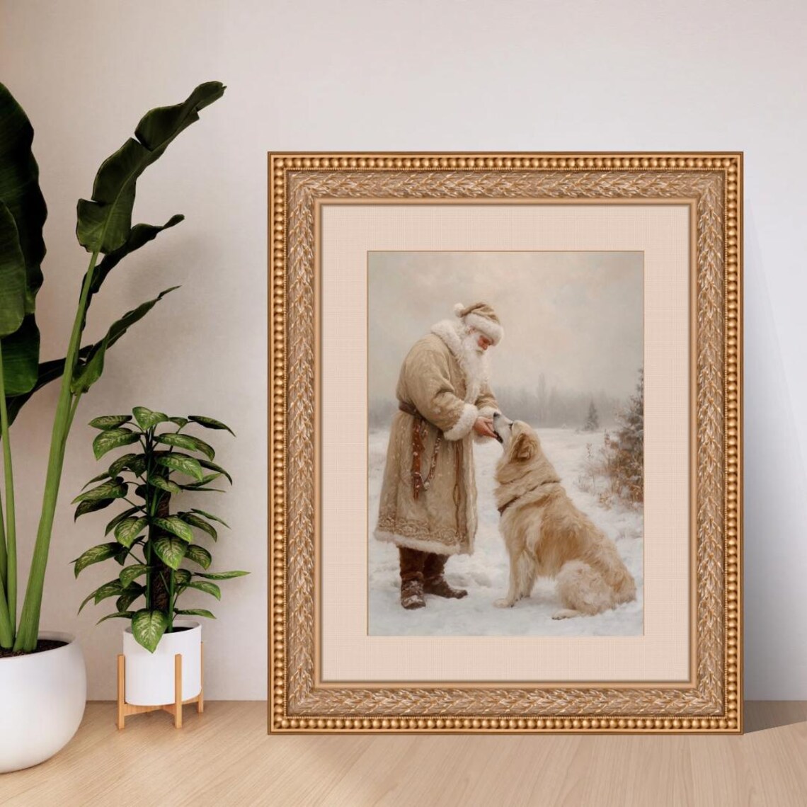 Vintage Santa in Beige Golden Retriever Art Print - Image 2