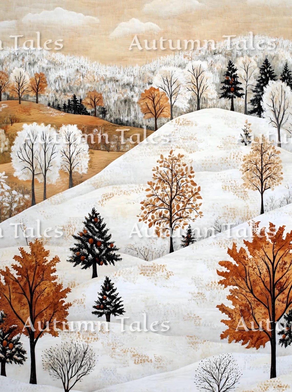 Charming Folk Art Snowy Hills With Orange Winter Trees Art Print - Image 2