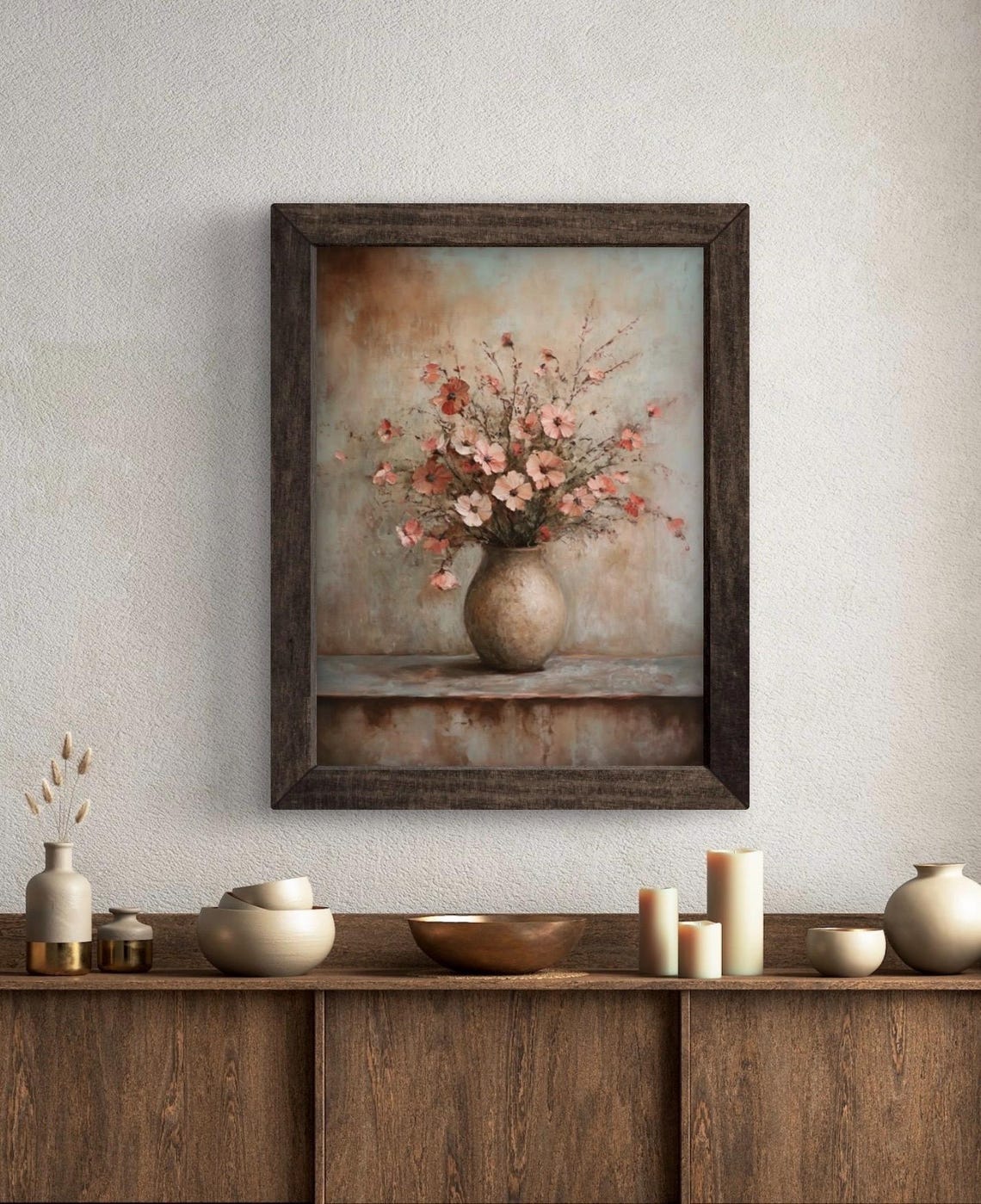 Pink Peach Wildflowers Rustic Vase Oil Painting Floral Poster - Image 5