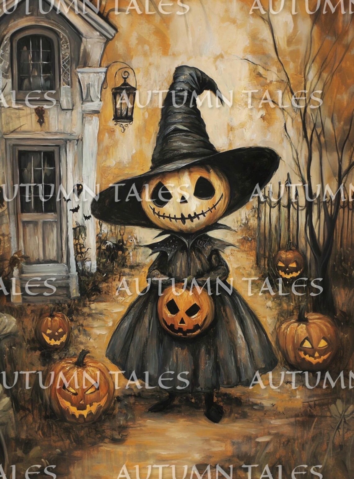 Cute Pumpkin Head Witch Girl With Jack O Lanterns Vintage Halloween Poster - Image 3