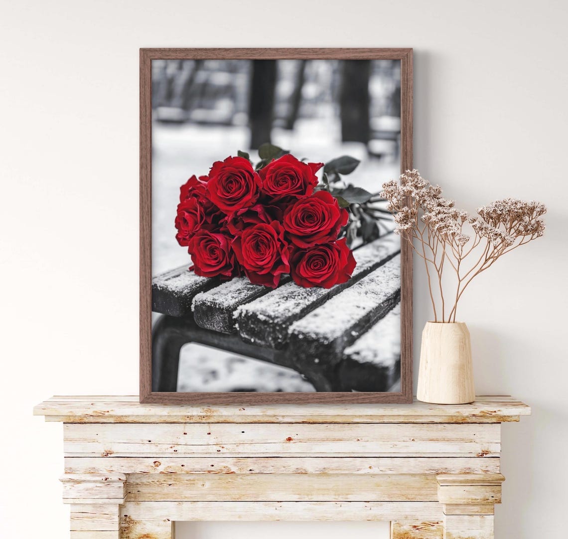 Red Roses Bouquet On Snowy Park Bench Winter Black White Photo Poster - Image 2