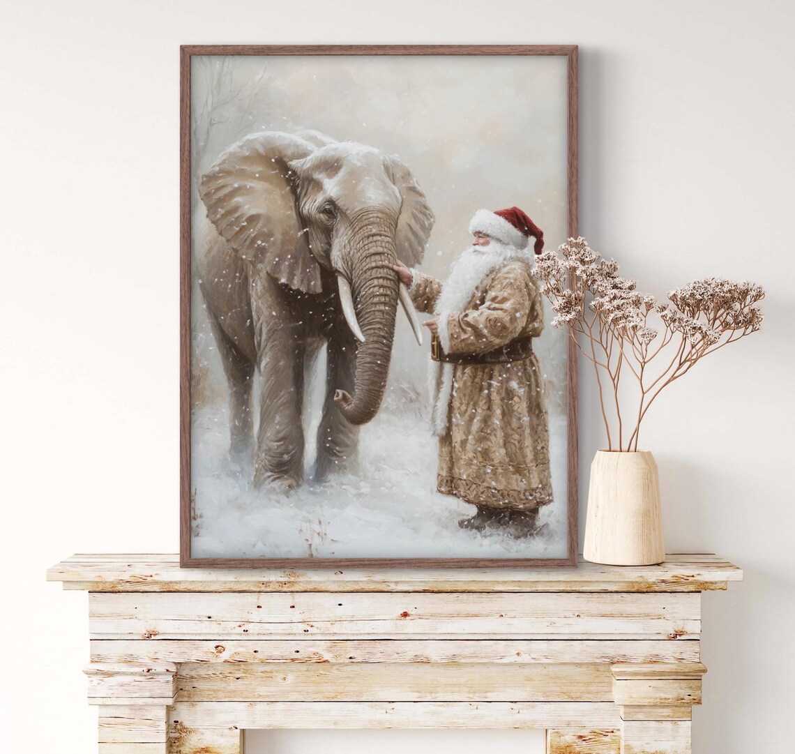 Santa and Elephant Reunion Christmas Art Print, Moody Winter - Image 2