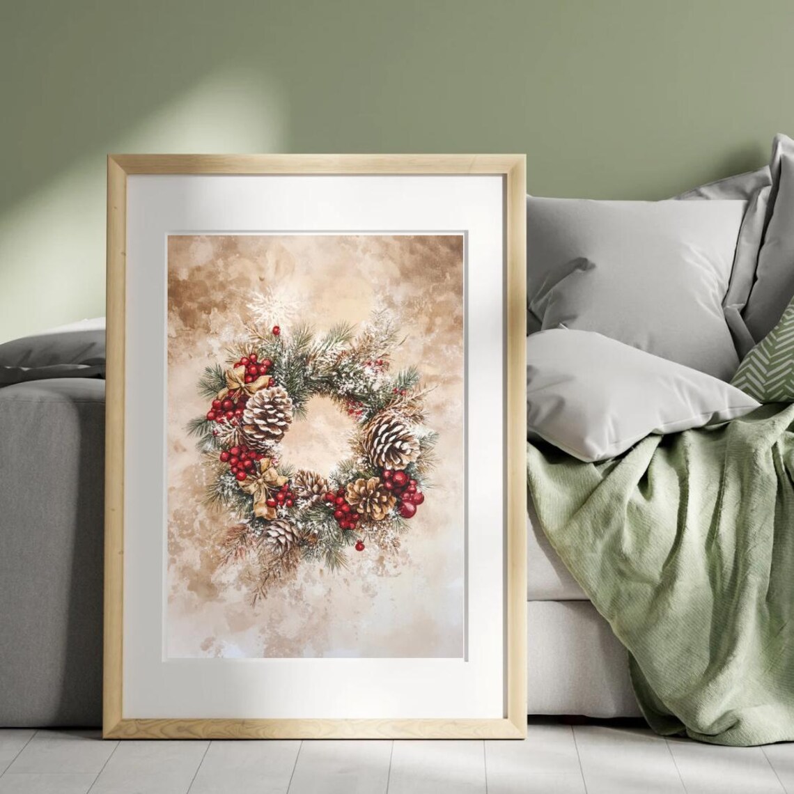 Christmas Wreath Watercolor Art Print, Holiday Decor - Image 3