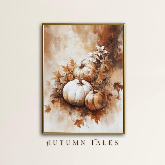 White Pumpkins Autumn Leaves Moody Still Life Fall Harvest Rustic Wall Art