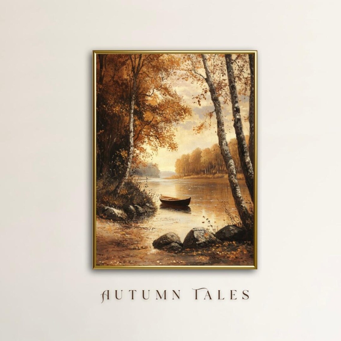 Fall Lake And Boat Art Print, Vintage Landscape