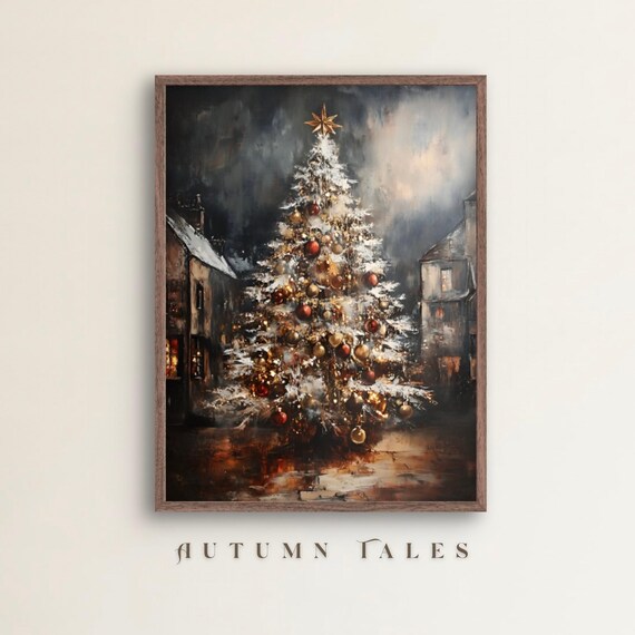 Vintage Christmas Tree In An Old Village Art Print Ptintable Cottagecore English Town Dark Academia Moody Christmas Decor Print