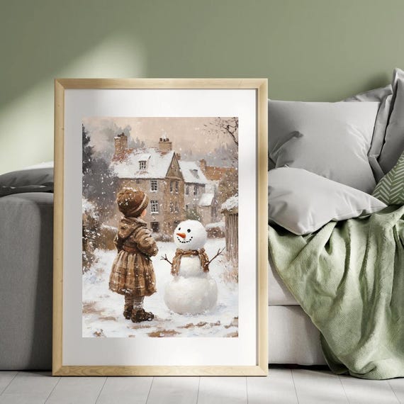 Vintage Snowman Winter Art Print, English Village