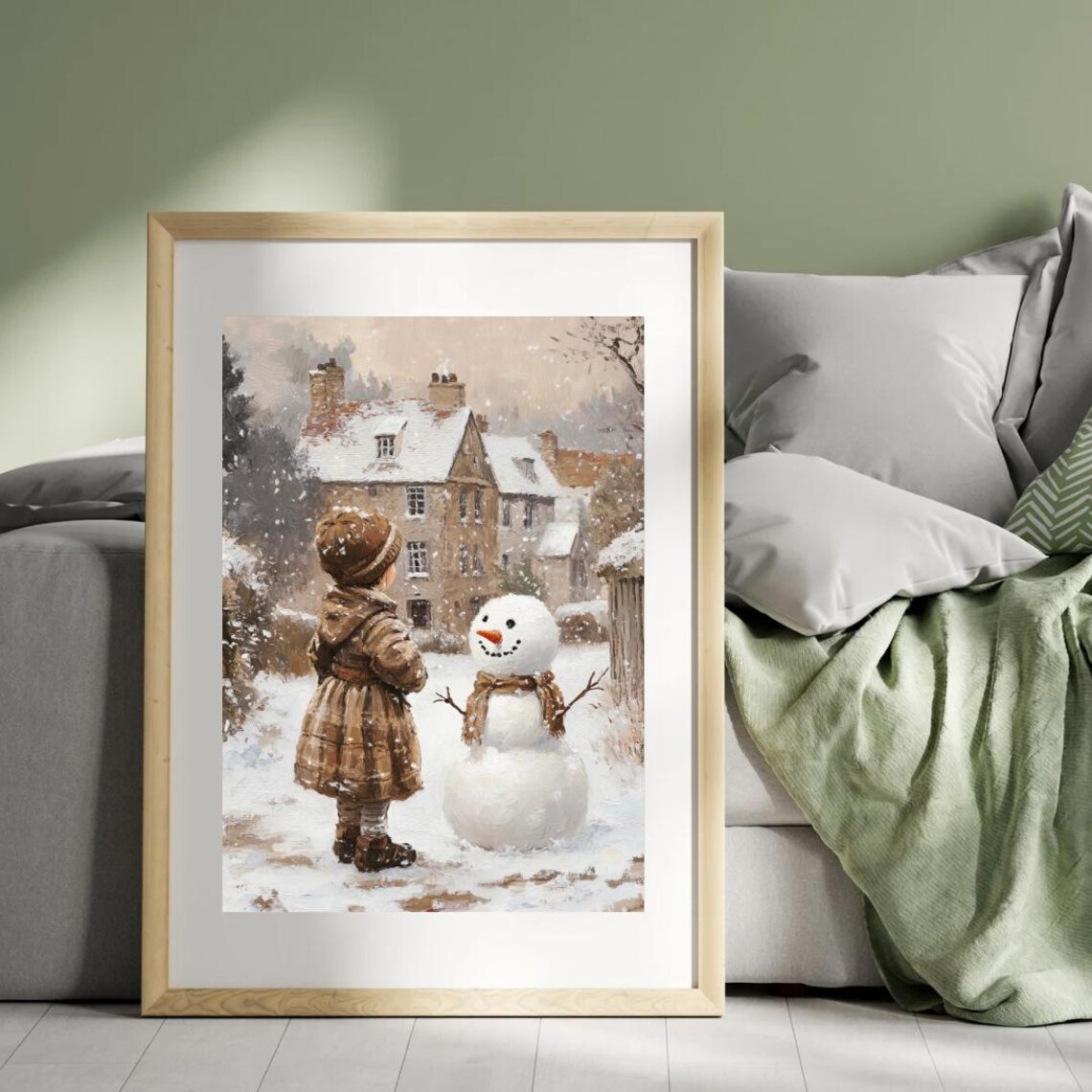 Vintage Snowman Winter Art Print, English Village