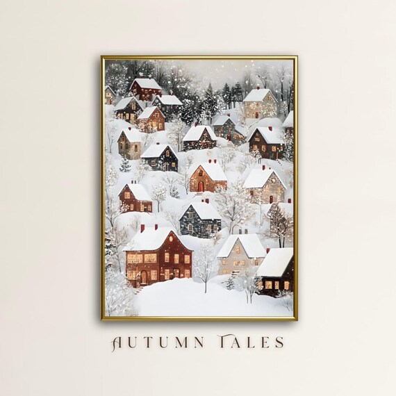 Winter Folk Art Wall Art Print Christmas Cottagecore Decor Moody Snow Covered Village Snowfall Kids Room Decor