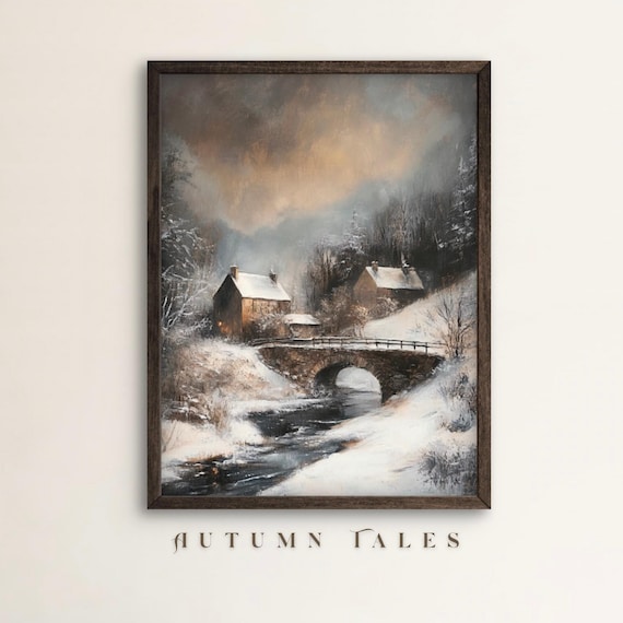 Moody Snowy Village Stone Bridge River Sunset Winter Landscape Poster