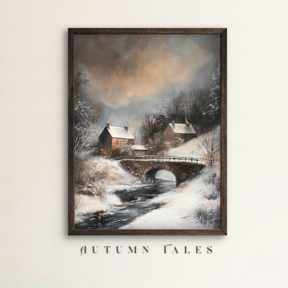Moody Village Winter Wall Art Print Of Vinatge Old Cottages With River Stone Bridge In Snowy Forest Gloomy Sunset Farmhouse Wall Decor