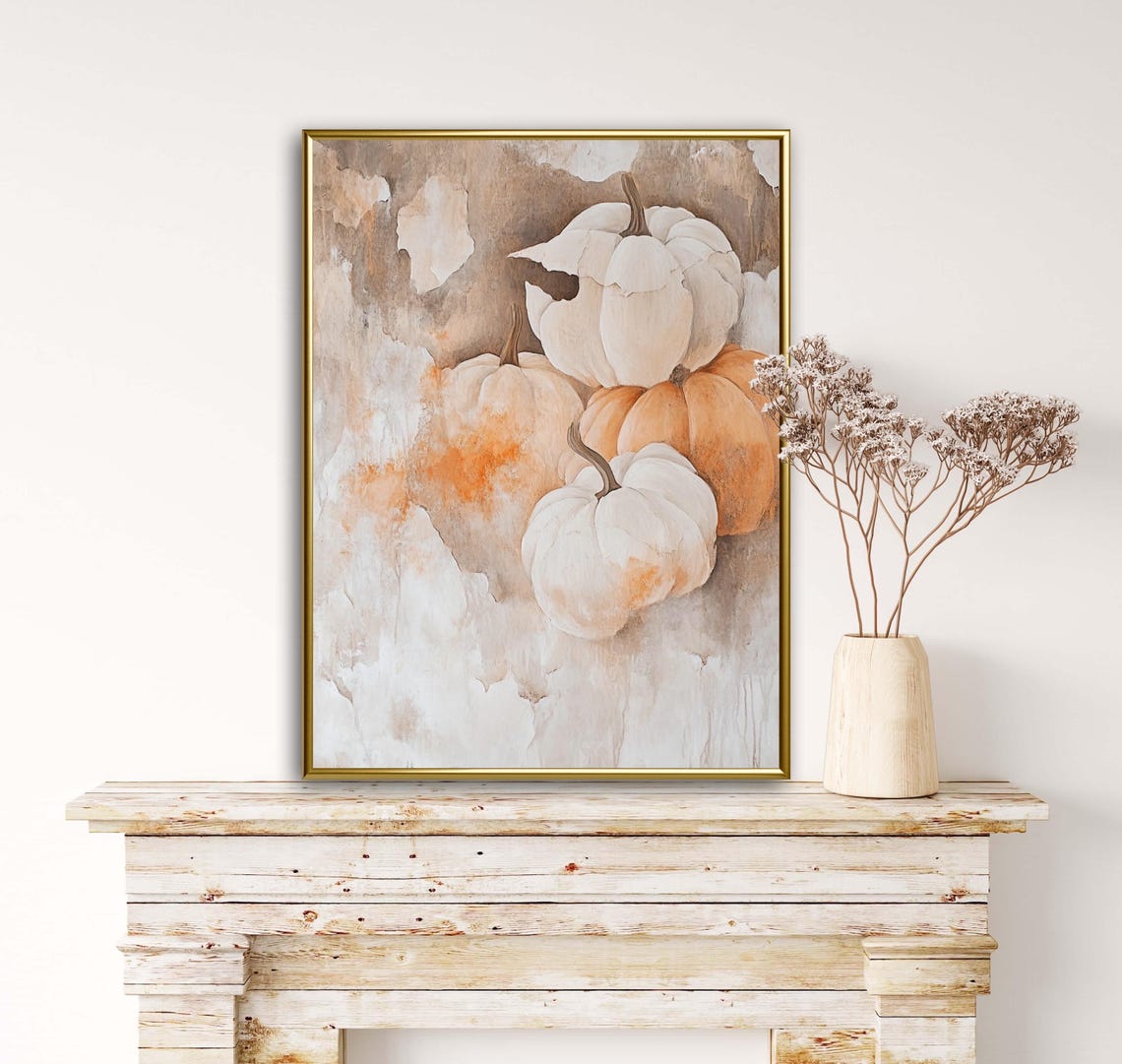 Autumn Tales Pumpkin Stack White Orange Fall Harvest Art Poster - Image 4