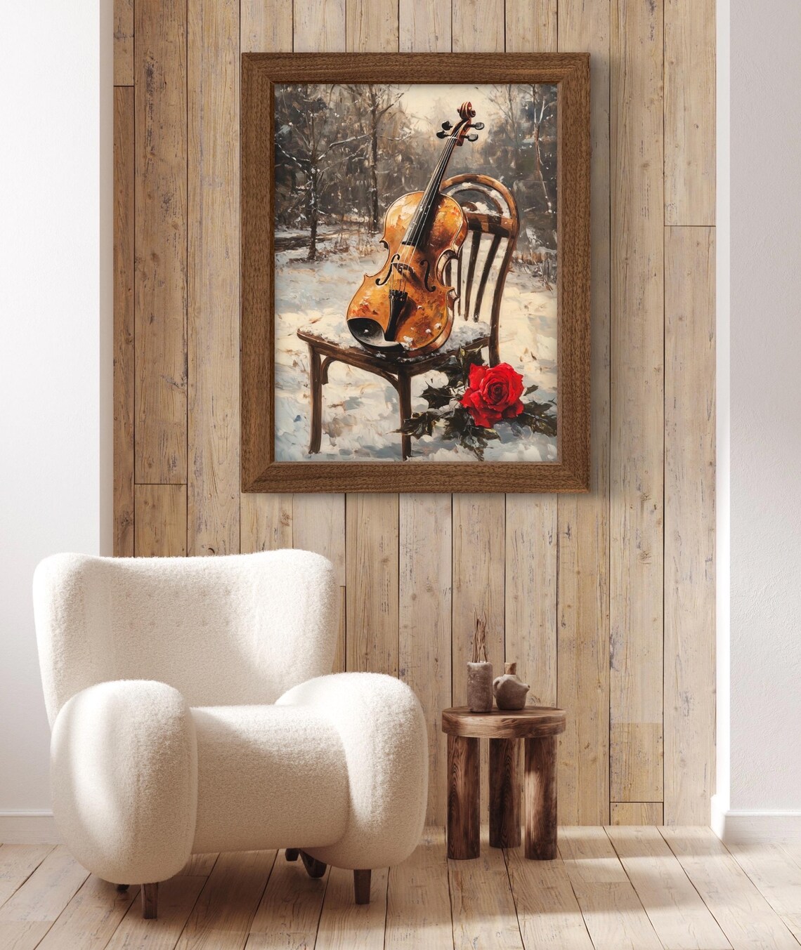 Violin on Snowy Forest Chair Red Rose Winter Music Art Poster - Image 2