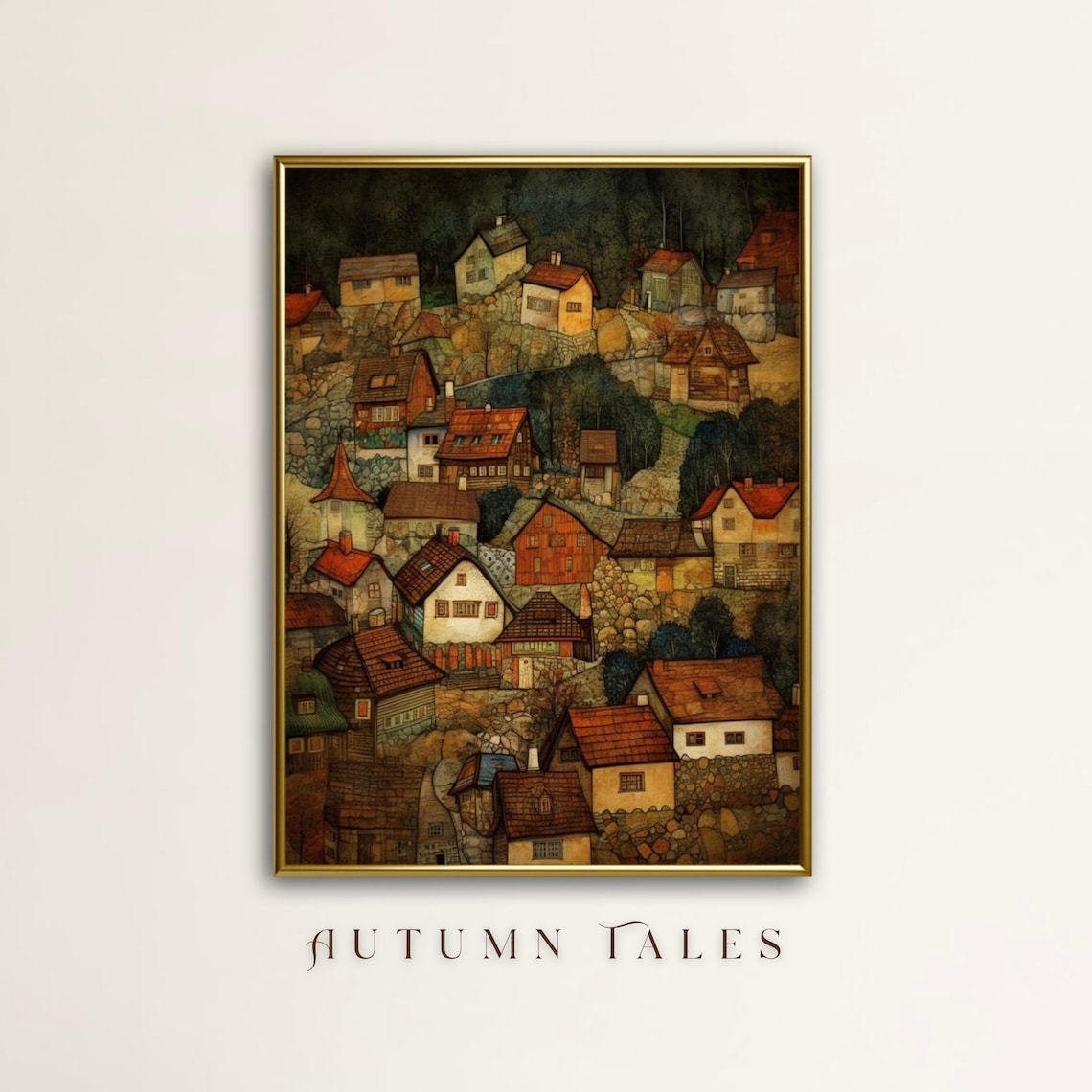 Whimsical Hillside Village Red Roof Houses Earthy Painting Poster