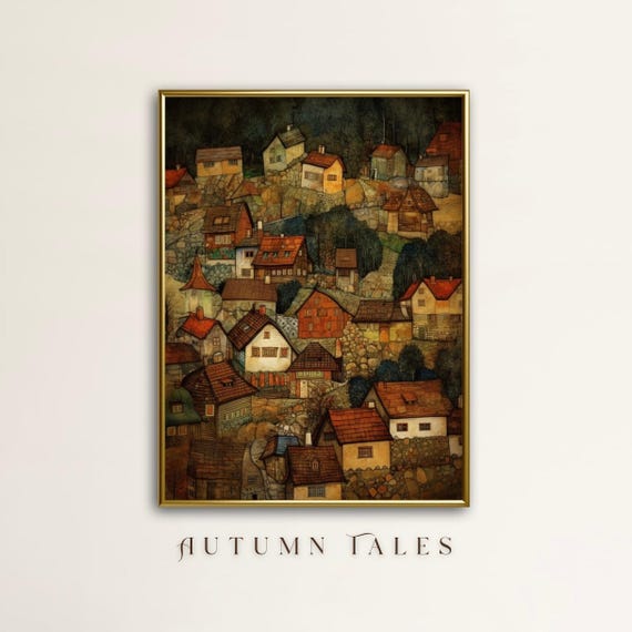 French Village Mountain Fall Wall Art Print Picasso Style Lanscape Cityscape Painting Earthy Warm Tone Color Farmhouse Cozy Fall Decor