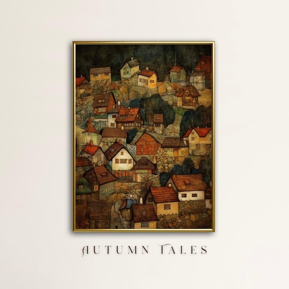 Whimsical Hillside Village Red Roof Houses Earthy Painting Poster