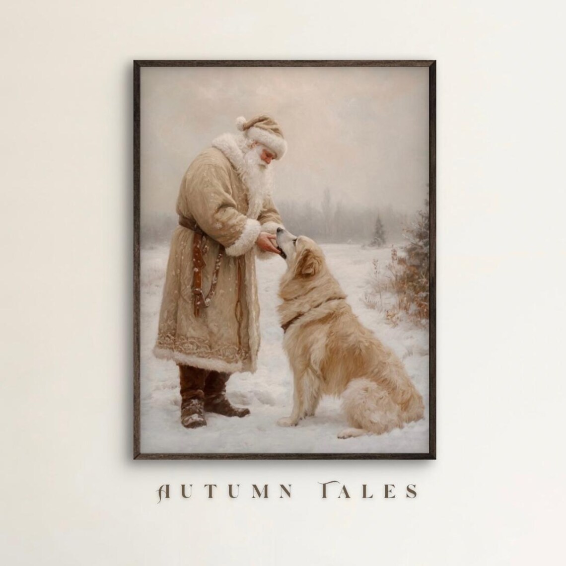 Vintage Santa in Beige Golden Retriever Art Print
